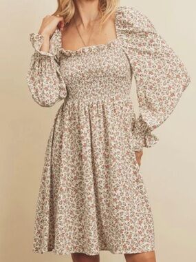 Bohme Floral Boho Prairie Festival Cottagecore Babydoll Smocked Mini Dress M